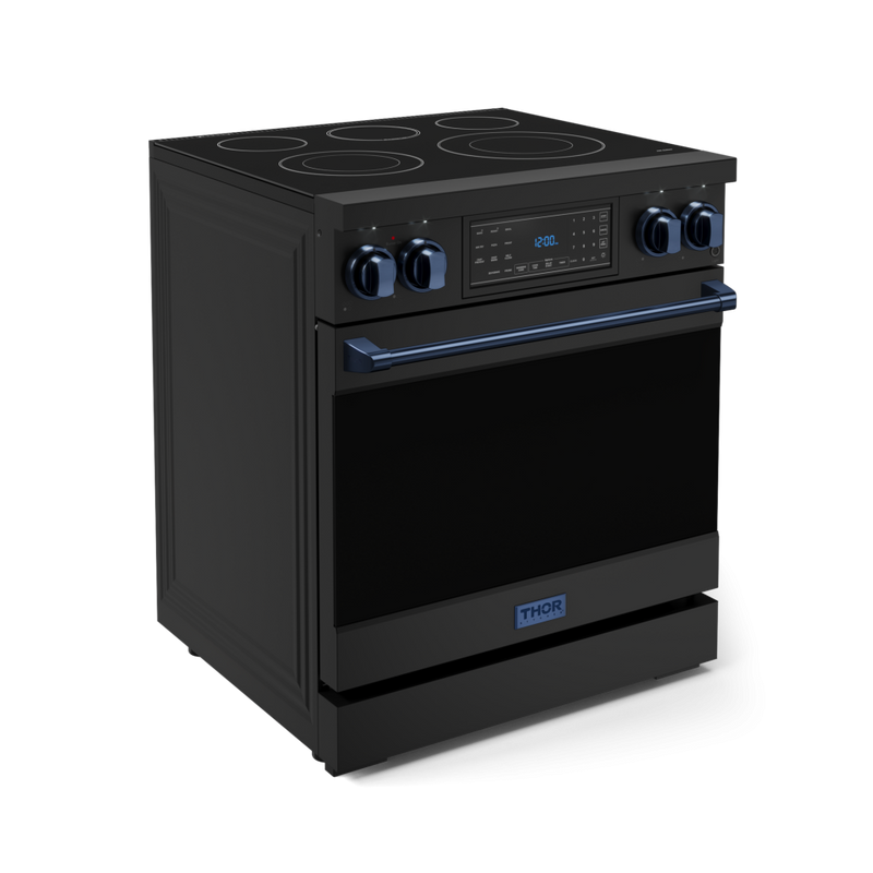 Gordon Ramsay by THOR Kitchen 30" 4.55 cu. ft. Professional Electric Range with Tilt Panel Touch Control, Self-Clean and Air Fry in Matte Black with Navy Blue Accents, RSE30B-BLU