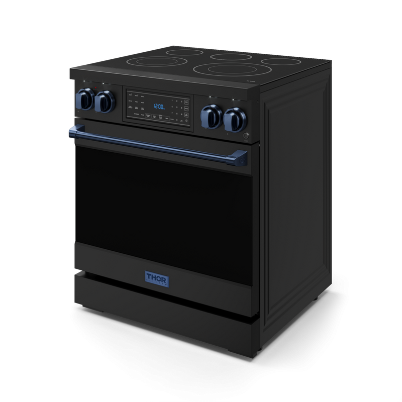 Gordon Ramsay by THOR Kitchen 30" 4.55 cu. ft. Professional Electric Range with Tilt Panel Touch Control, Self-Clean and Air Fry in Matte Black with Navy Blue Accents, RSE30B-BLU