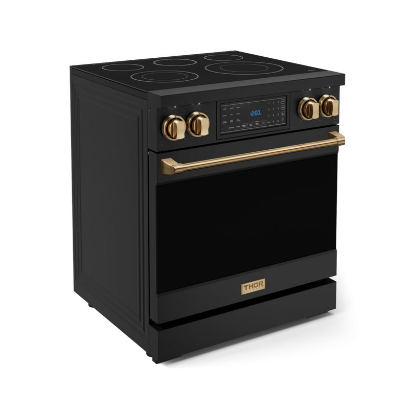 Gordon Ramsay by THOR Kitchen 30" 4.55 cu. ft. Professional Electric Range with Tilt Panel Touch Control, Self-Clean and Air Fry in Matte Black with Bronze Accents, RSE30B-BRZ