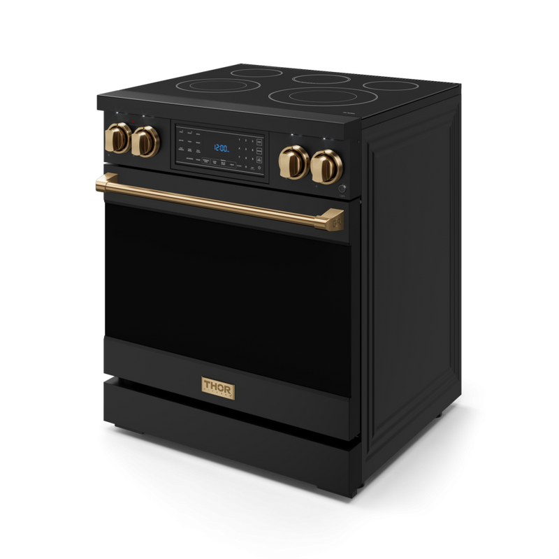 Gordon Ramsay by THOR Kitchen 30" 4.55 cu. ft. Professional Electric Range with Tilt Panel Touch Control, Self-Clean and Air Fry in Matte Black with Bronze Accents, RSE30B-BRZ