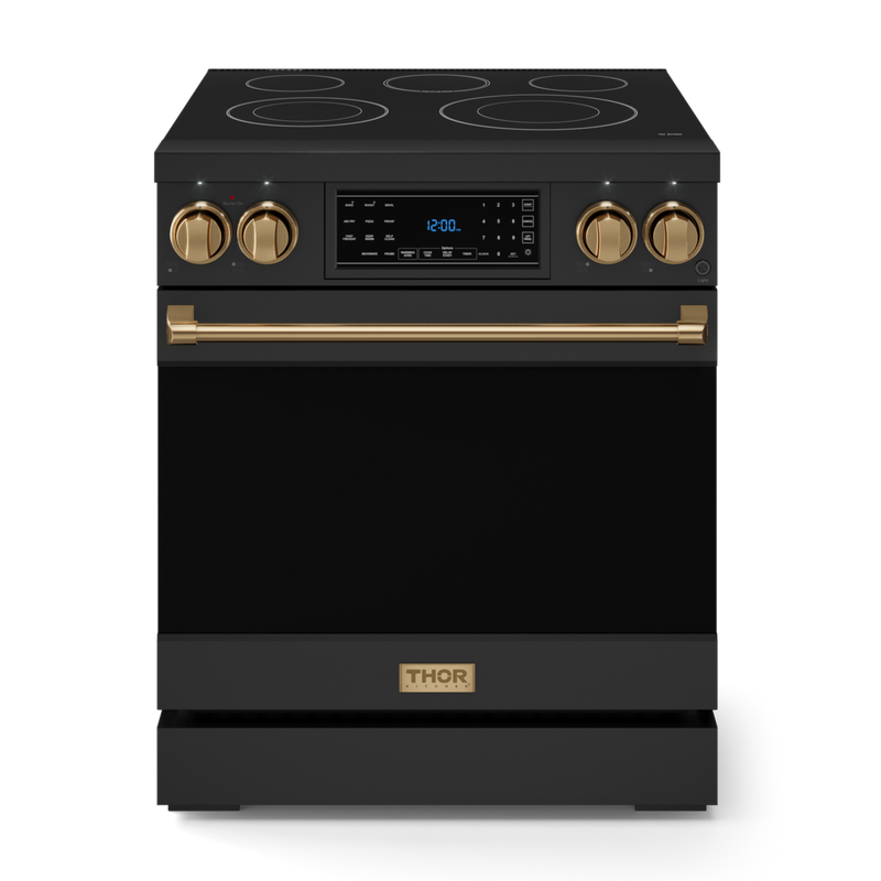 Gordon Ramsay by THOR Kitchen 30" 4.55 cu. ft. Professional Electric Range with Tilt Panel Touch Control, Self-Clean and Air Fry in Matte Black with Bronze Accents, RSE30B-BRZ