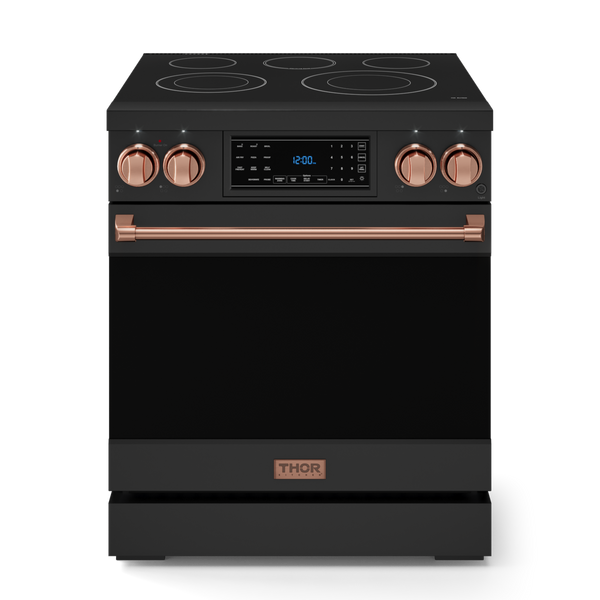 Gordon Ramsay by THOR Kitchen 30" 4.55 cu. ft. Professional Electric Range with Tilt Panel Touch Control, Self-Clean and Air Fry in Matte Black with Rose Gold Accents, RSE30B-RSG