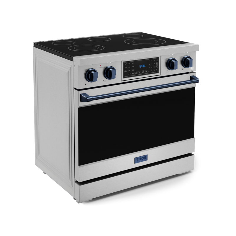 Gordon Ramsay by THOR Kitchen 36" 6.0 cu. ft. Professional Electric Range with Tilt Panel Touch Control, Self-Clean and Air Fry in Stainless Steel with Navy Blue Accents, RSE36-BLU