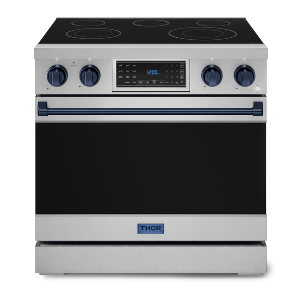 Gordon Ramsay by THOR Kitchen 36" 6.0 cu. ft. Professional Electric Range with Tilt Panel Touch Control, Self-Clean and Air Fry in Stainless Steel with Navy Blue Accents, RSE36-BLU