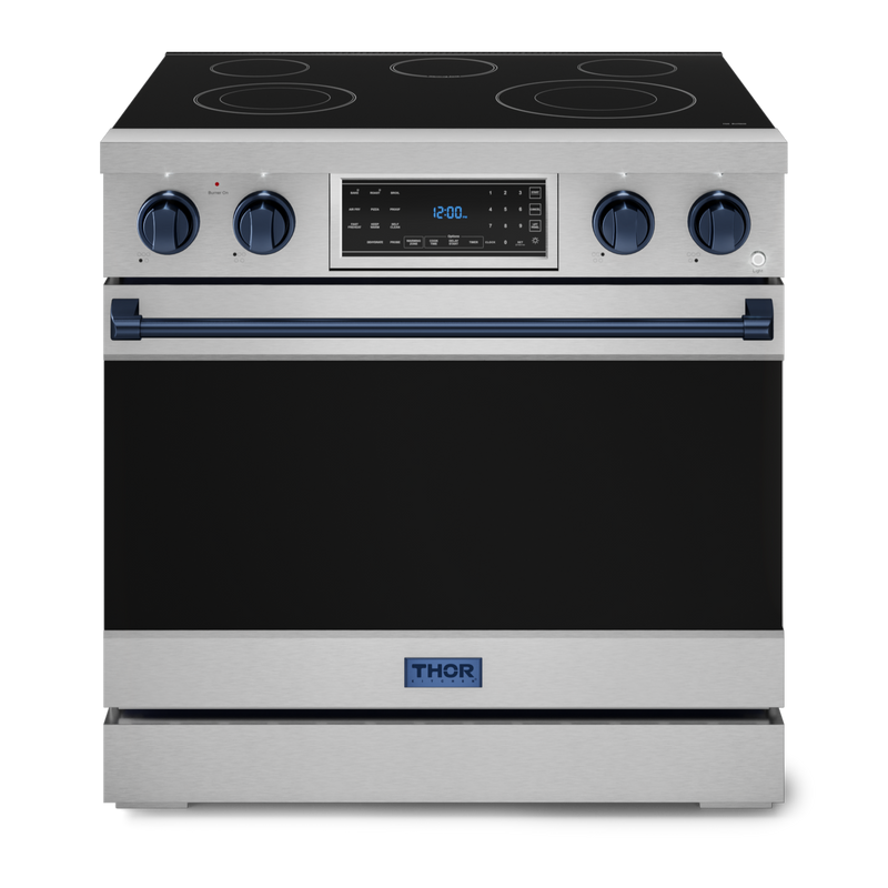 Gordon Ramsay by THOR Kitchen 36" 6.0 cu. ft. Professional Electric Range with Tilt Panel Touch Control, Self-Clean and Air Fry in Stainless Steel with Navy Blue Accents, RSE36-BLU