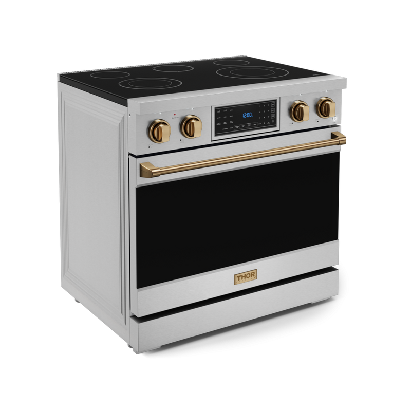 Gordon Ramsay by THOR Kitchen 36" 6.0 cu. ft. Professional Electric Range with Tilt Panel Touch Control, Self-Clean and Air Fry in Stainless Steel with Bronze Accents, RSE36-BRZ