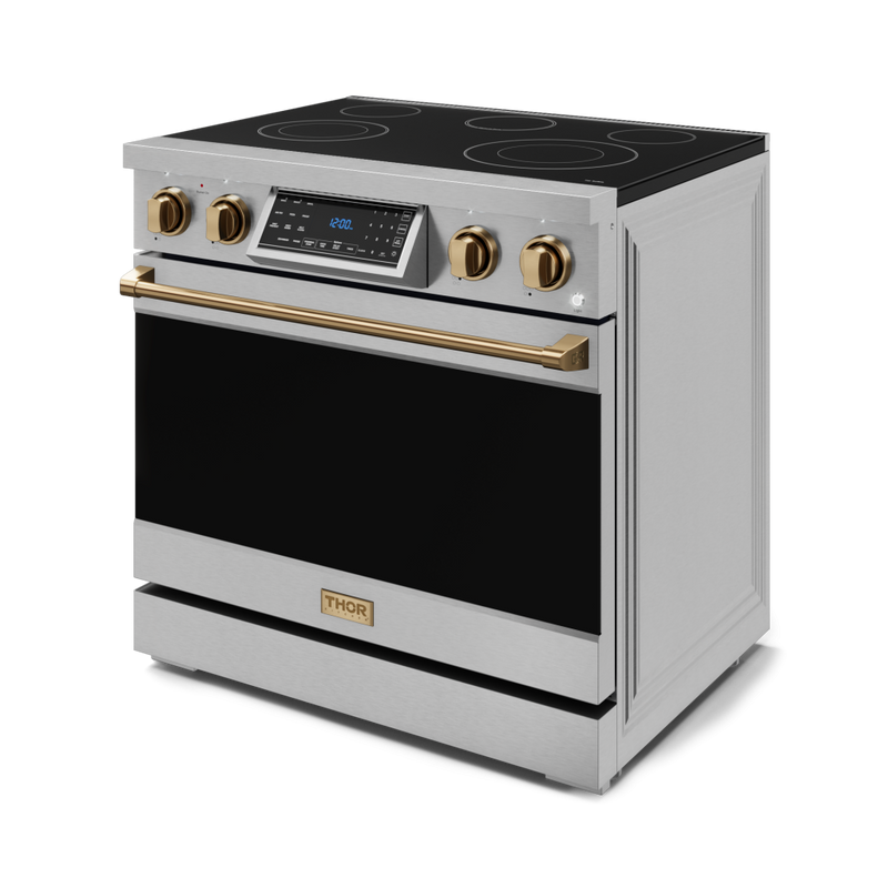 Gordon Ramsay by THOR Kitchen 36" 6.0 cu. ft. Professional Electric Range with Tilt Panel Touch Control, Self-Clean and Air Fry in Stainless Steel with Bronze Accents, RSE36-BRZ