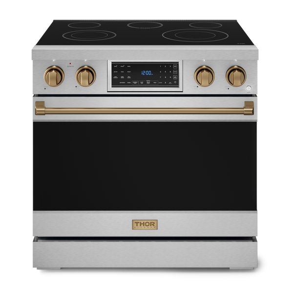 Gordon Ramsay by THOR Kitchen 36" 6.0 cu. ft. Professional Electric Range with Tilt Panel Touch Control, Self-Clean and Air Fry in Stainless Steel with Bronze Accents, RSE36-BRZ