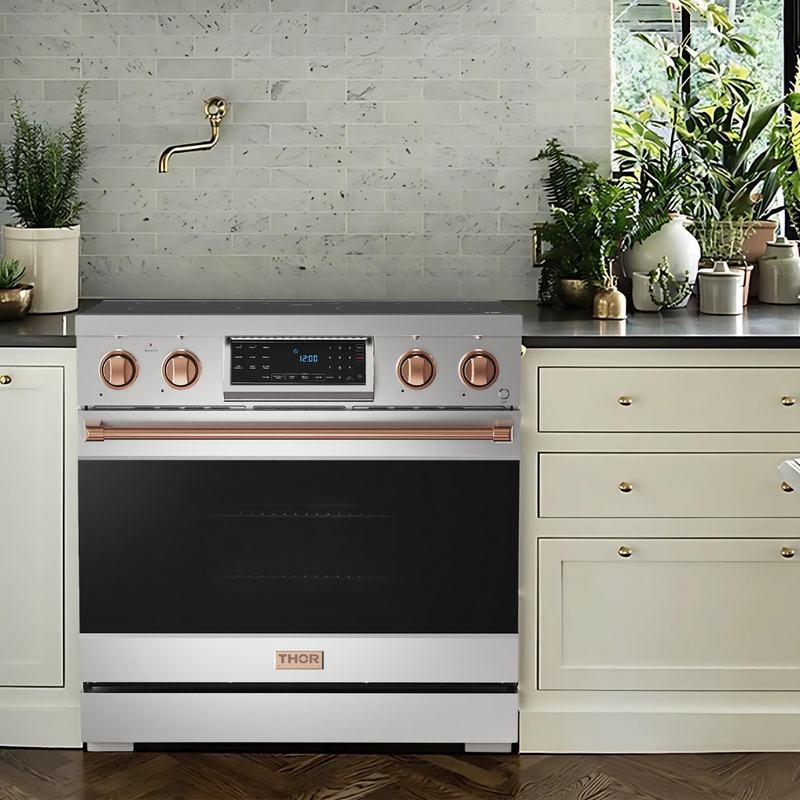 Gordon Ramsay by THOR Kitchen 36" 6.0 cu. ft. Professional Electric Range with Tilt Panel Touch Control, Self-Clean and Air Fry in Stainless Steel with Rose Gold Accents, RSE36-RSG