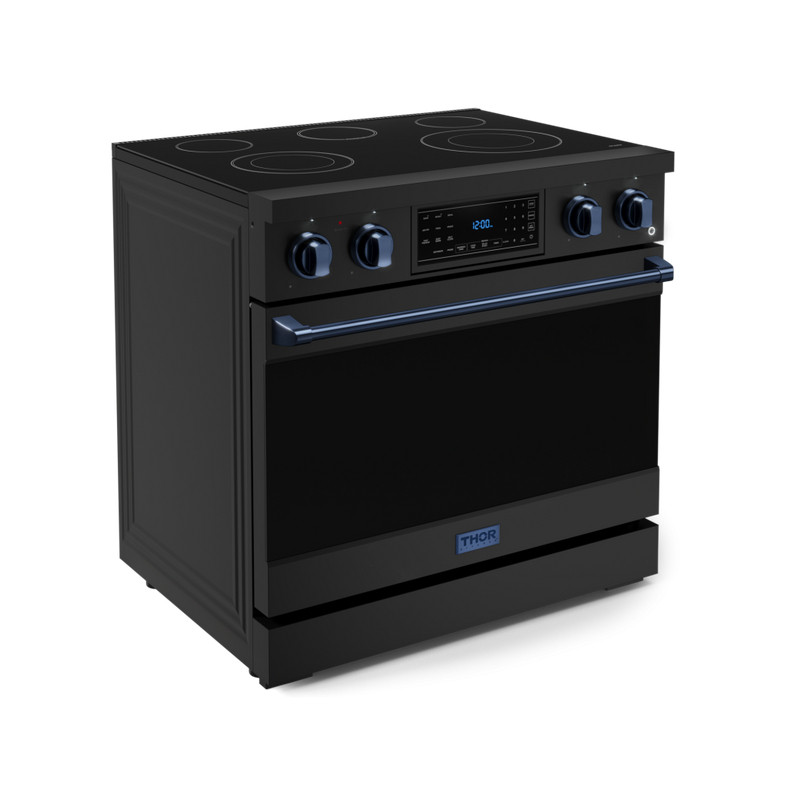 Gordon Ramsay by THOR Kitchen 36" 6.0 cu. ft. Professional Electric Range with Tilt Panel Touch Control, Self-Clean and Air Fry in Matte Black with Navy Blue Accents, RSE36B-BLU