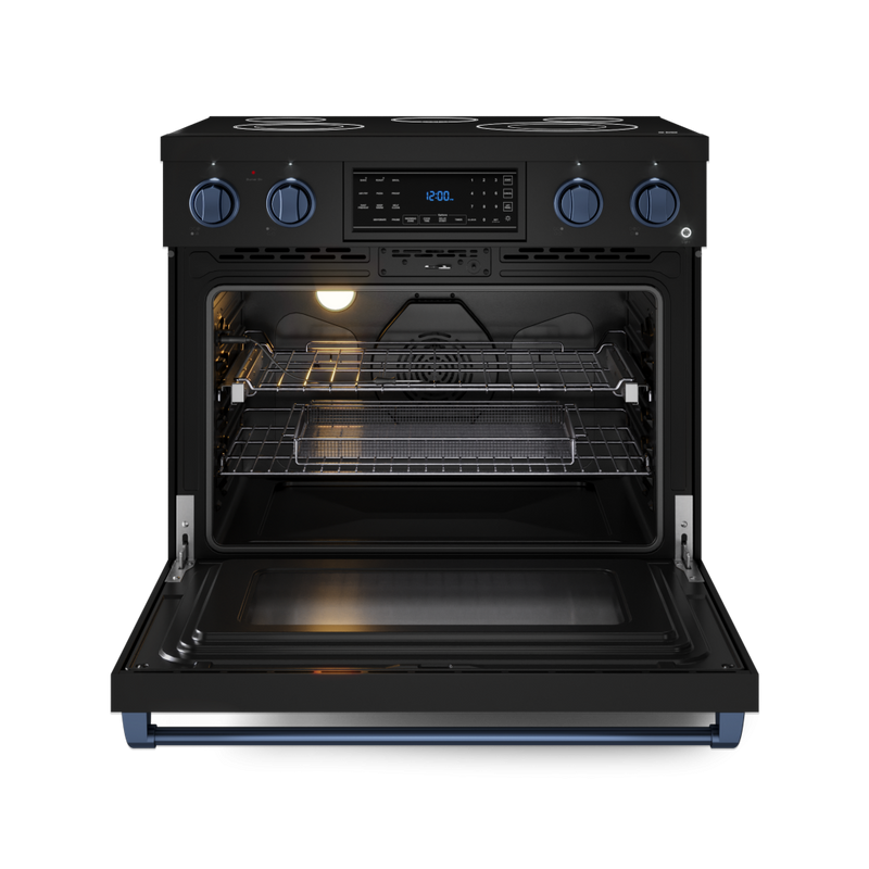 Gordon Ramsay by THOR Kitchen 36" 6.0 cu. ft. Professional Electric Range with Tilt Panel Touch Control, Self-Clean and Air Fry in Matte Black with Navy Blue Accents, RSE36B-BLU