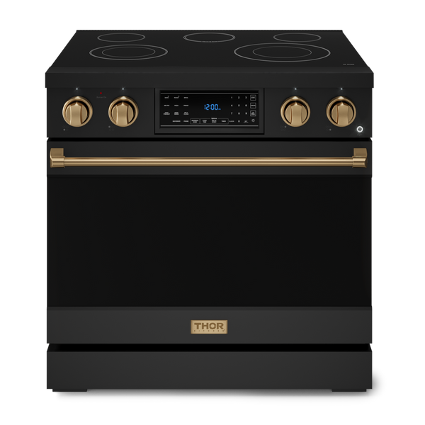 Gordon Ramsay by THOR Kitchen 36" 6.0 cu. ft. Professional Electric Range with Tilt Panel Touch Control, Self-Clean and Air Fry in Matte Black with Bronze Accents, RSE36B-BRZ