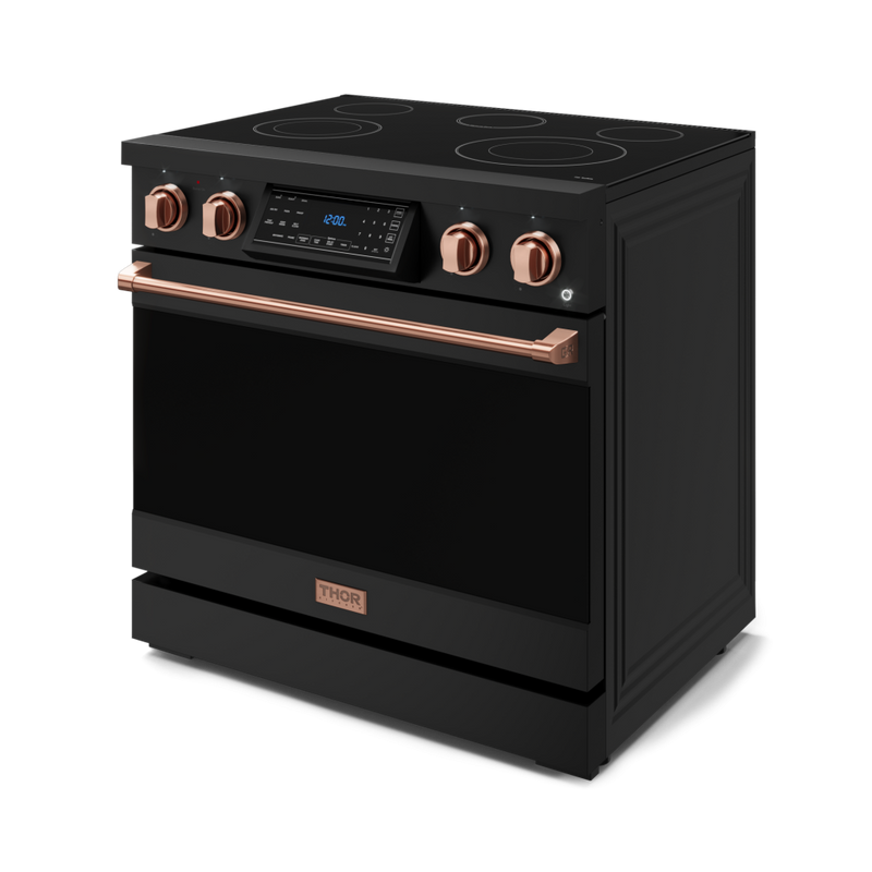 Gordon Ramsay by THOR Kitchen 36" 6.0 cu. ft. Professional Electric Range with Tilt Panel Touch Control, Self-Clean and Air Fry in Matte Black with Rose Gold Accents, RSE36B-RSG