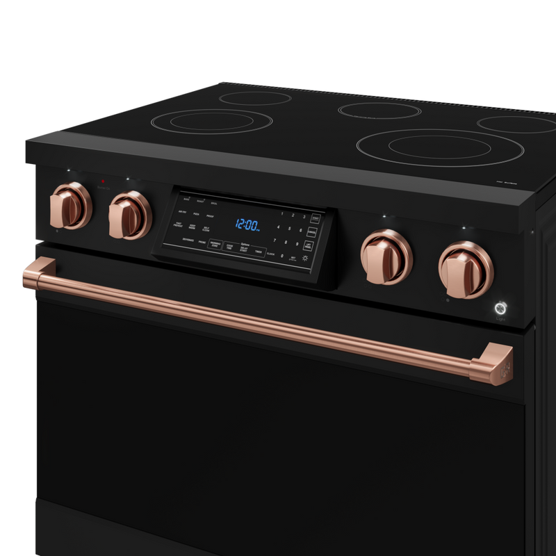 Gordon Ramsay by THOR Kitchen 36" 6.0 cu. ft. Professional Electric Range with Tilt Panel Touch Control, Self-Clean and Air Fry in Matte Black with Rose Gold Accents, RSE36B-RSG