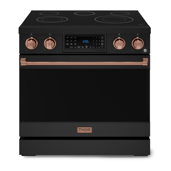 Gordon Ramsay by THOR Kitchen 36" 6.0 cu. ft. Professional Electric Range with Tilt Panel Touch Control, Self-Clean and Air Fry in Matte Black with Rose Gold Accents, RSE36B-RSG