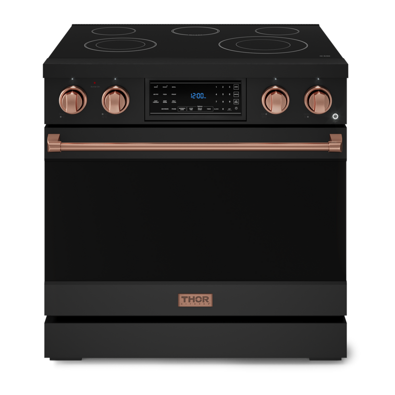 Gordon Ramsay by THOR Kitchen 36" 6.0 cu. ft. Professional Electric Range with Tilt Panel Touch Control, Self-Clean and Air Fry in Matte Black with Rose Gold Accents, RSE36B-RSG