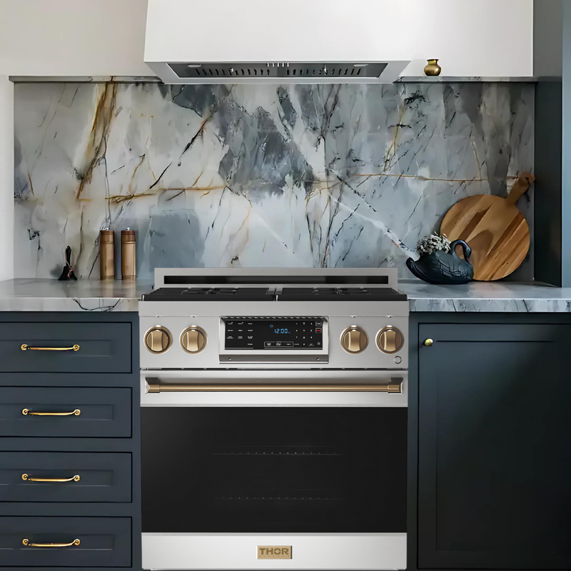 Gordon Ramsay by THOR Kitchen 30" 4.55 cu. ft. Professional Propane Gas Range with Tilt Panel Touch Control and Self-Clean in Stainless Steel with Bronze Accents, RSG30LP-BRZ