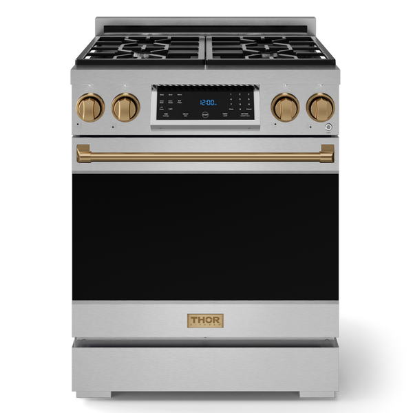 Gordon Ramsay by THOR Kitchen 30" 4.55 cu. ft. Professional Natural Gas Range with Tilt Panel Touch Control and Self-Clean in Stainless Steel with Bronze Accents, RSG30-BRZ