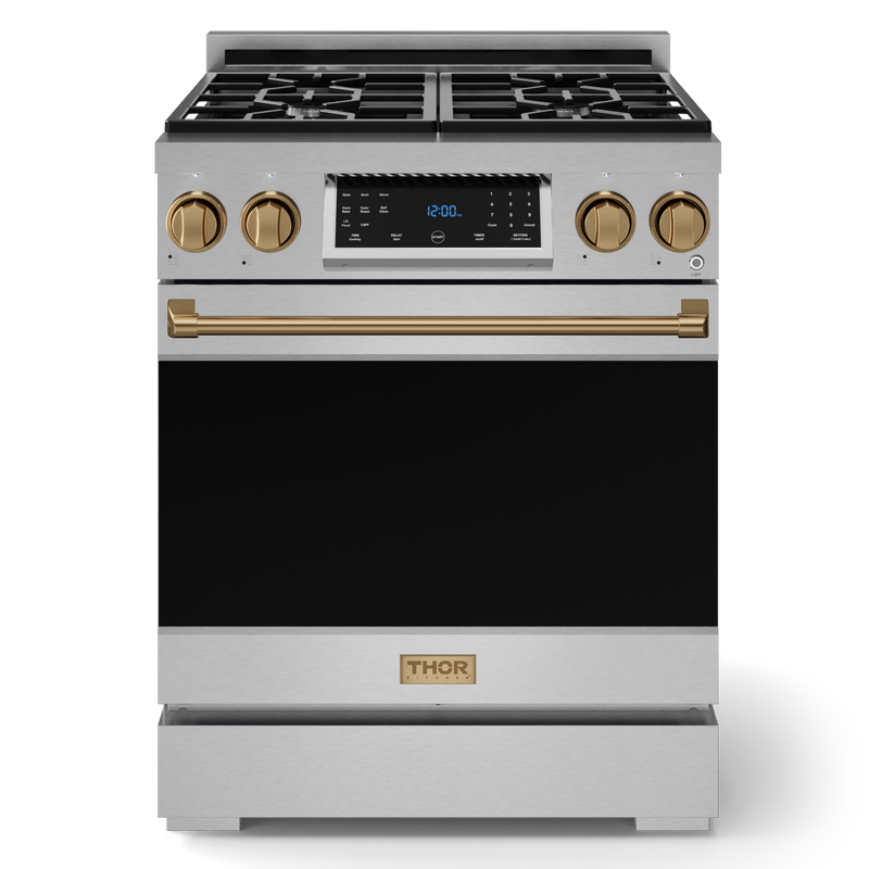 Gordon Ramsay by THOR Kitchen 30" 4.55 cu. ft. Professional Propane Gas Range with Tilt Panel Touch Control and Self-Clean in Stainless Steel with Bronze Accents, RSG30LP-BRZ