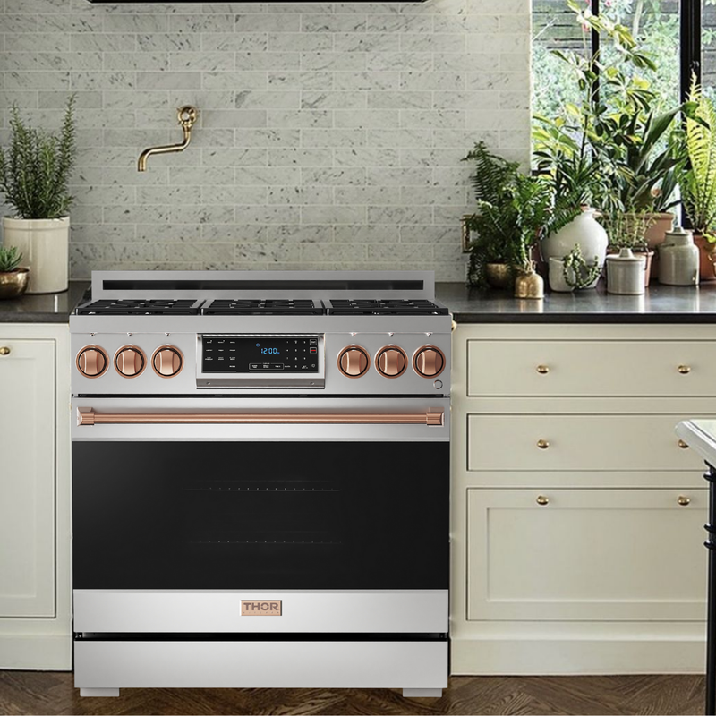 Gordon Ramsay by THOR Kitchen 36" 6.0 cu. ft. Professional Natural Gas Range with Tilt Panel Touch Control, Self-Clean and Air Fry in Stainless Steel with Rose Gold Accents, RSG36-RSG