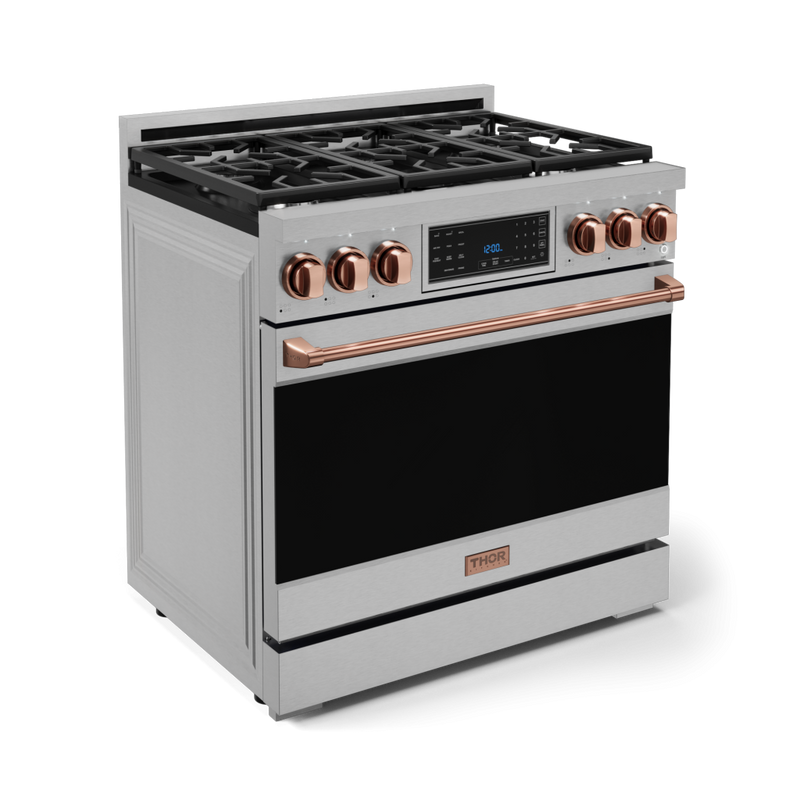 Gordon Ramsay by THOR Kitchen 36" 6.0 cu. ft. Professional Natural Gas Range with Tilt Panel Touch Control, Self-Clean and Air Fry in Stainless Steel with Rose Gold Accents, RSG36-RSG