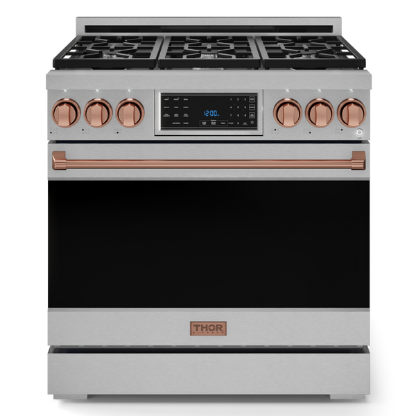 Gordon Ramsay by THOR Kitchen 36" 6.0 cu. ft. Professional Natural Gas Range with Tilt Panel Touch Control, Self-Clean and Air Fry in Stainless Steel with Rose Gold Accents, RSG36-RSG