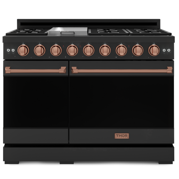 Gordon Ramsay by THOR Kitchen 48" 6.8 cu. ft. Professional Natural Gas Range in Matte Black with Rose Gold Accents, RSG48EB-RSG