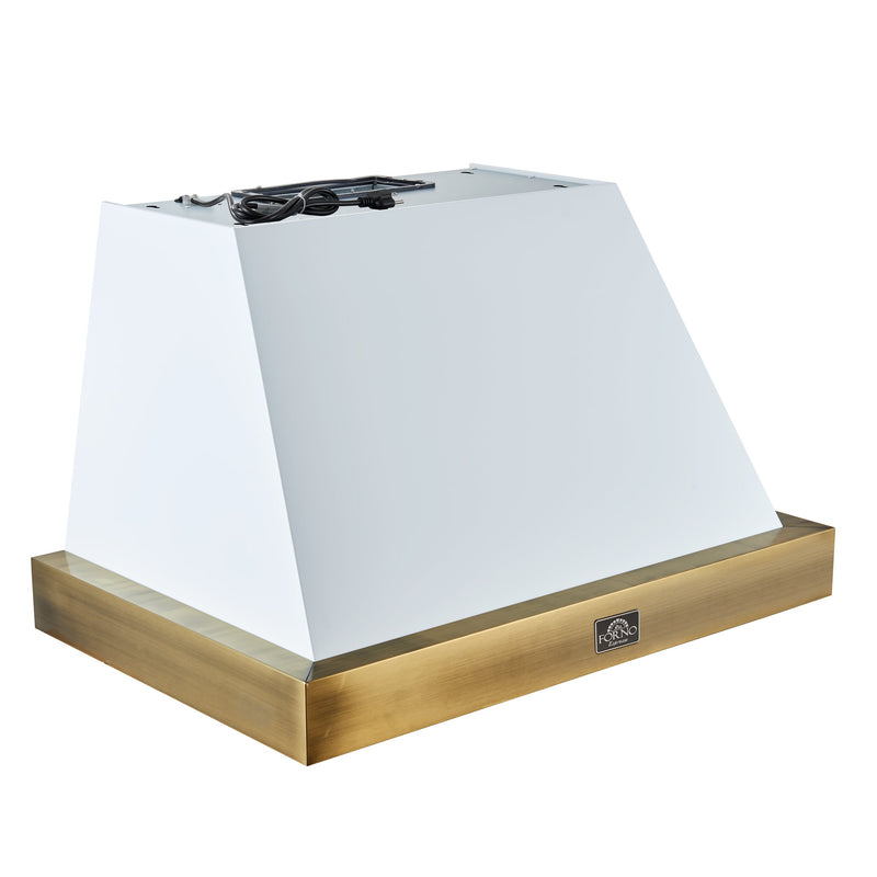 FORNO Espresso Vittorio 36" 600 CFM Wall Mount Range Hood in White and Antique Brass Trim with Remote Control, FRHWM5078-36WHT