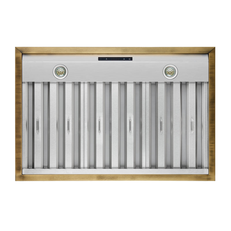 FORNO Espresso Vittorio 36" 600 CFM Wall Mount Range Hood in White and Antique Brass Trim with Remote Control, FRHWM5078-36WHT