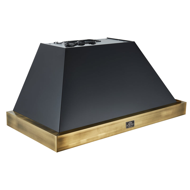 FORNO Espresso Vittorio 48" 600 CFM Wall Mount Range Hood in Black and Antique Brass Trim with Remote Control, FRHWM5078-48BLK