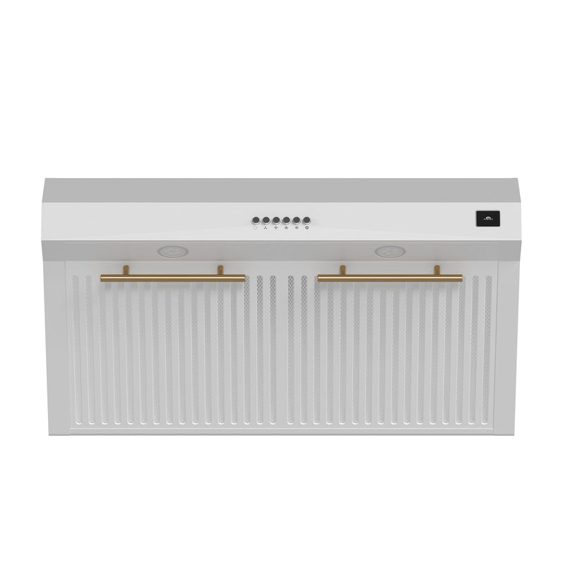 FORNO Espresso Bari 30" 400 CFM Under Cabinet Range Hood in White with Antique Brass Handles, FRHUC5255-30WHT