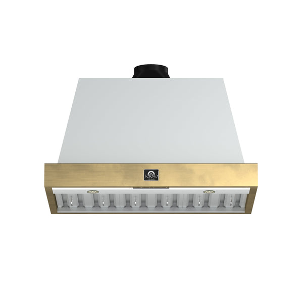 FORNO Espresso Vittorio 36" 600 CFM Wall Mount Range Hood in White and Antique Brass Trim with Remote Control, FRHWM5078-36WHT