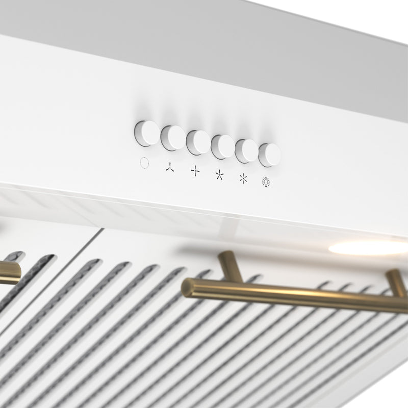 FORNO Espresso Bari 30" 400 CFM Under Cabinet Range Hood in White with Antique Brass Handles, FRHUC5255-30WHT