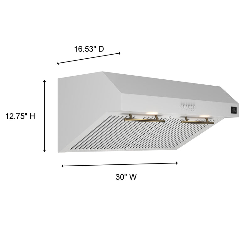 FORNO Espresso Bari 30" 400 CFM Under Cabinet Range Hood in White with Antique Brass Handles, FRHUC5255-30WHT