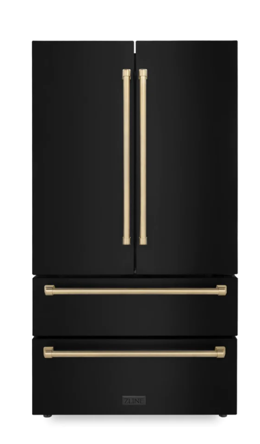 ZLINE 36" Autograph Edition 22.5 cu. ft 4-Door French Door Refrigerator with Ice Maker in Fingerprint Resistant Black Stainless Steel with Champagne Bronze Accents (RFMZ-36-BS-CB)
