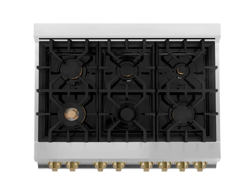 ZLINE Autograph Package - 36 In. Dual Fuel Range, Range Hood, Refrigerator, and Dishwasher in Black Stainless Steel with Champagne Bronze Accents, 4AKPR-RABRHDWV36-CB