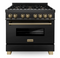 ZLINE Autograph Package - 36 In. Dual Fuel Range, Range Hood, Refrigerator, and Dishwasher in Black Stainless Steel with Champagne Bronze Accents, 4AKPR-RABRHDWV36-CB
