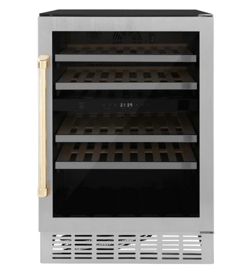 ZLINE 24" Autograph Dual Zone 44-Bottle Wine Cooler in Stainless Steel with Matte Black Accents, RWVZ-UD-24-MB