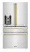 ZLINE Autograph Edition 36-Inch 22.5 cu. ft Freestanding French Door Refrigerator with Ice Maker in Black Stainless Steel with Gold Trim