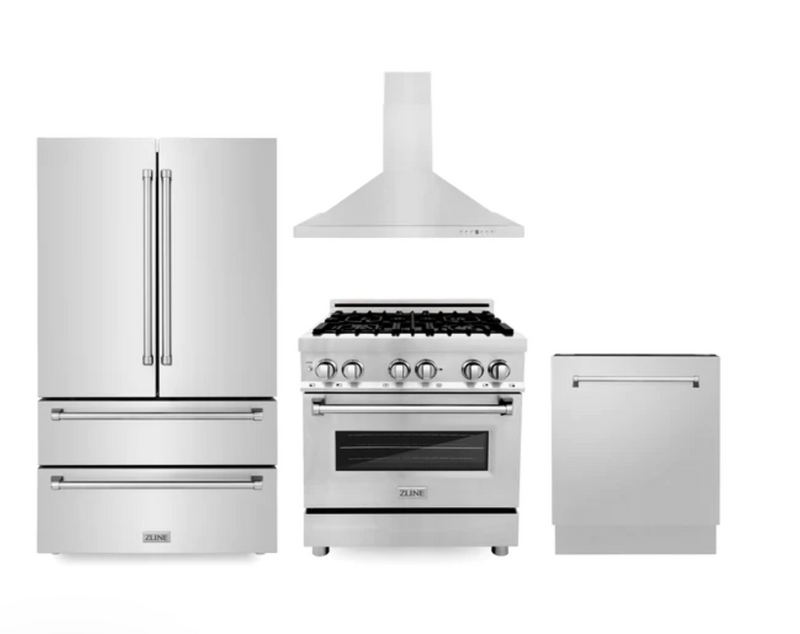 ZLINE Kitchen Package with Refrigeration, 30 in. Stainless Steel Dual Fuel Range, 30 in. Convertible Vent Range Hood and 24 in. Tall Tub Dishwasher (4KPR-RARH30-DWV)