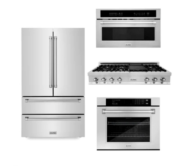ZLINE Kitchen Package with Refrigeration, 48 in. Stainless Steel Rangetop, 30 in. Single Wall Oven, 30 in. Microwave Oven (4KPR-RT48-MWAWS)