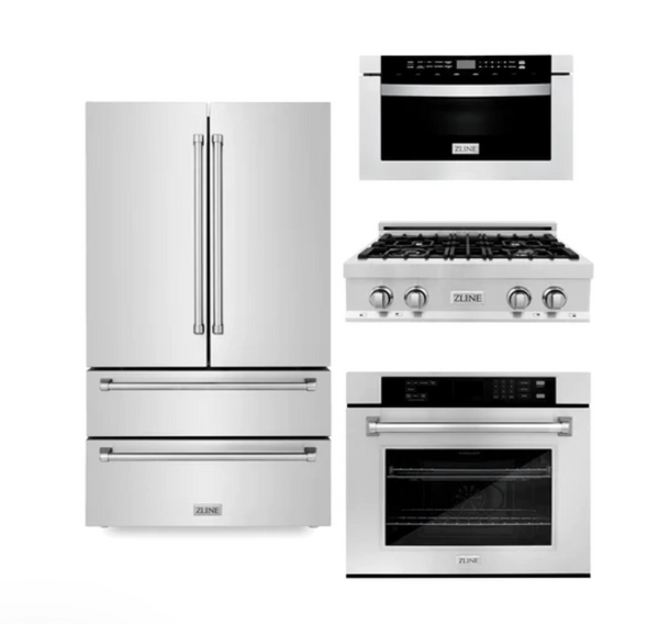 ZLINE Kitchen Package with Refrigeration, 30 in. Stainless Steel Rangetop, 30 in. Single Wall Oven, 30 in. Microwave Oven (4KPR-RT30-MWAWS)