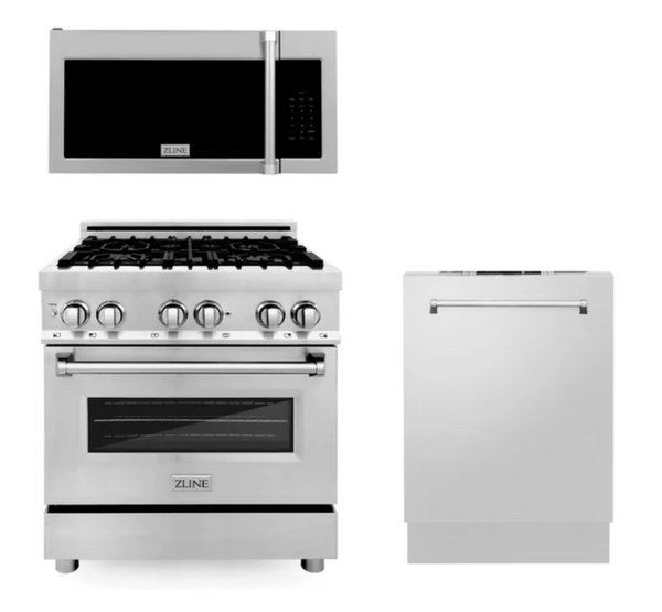 ZLINE 30 in. Kitchen Package with Stainless Steel Dual Fuel Range, Traditional Over The Range Microwave and Dishwasher (3KP-RAOTRH30-DW)