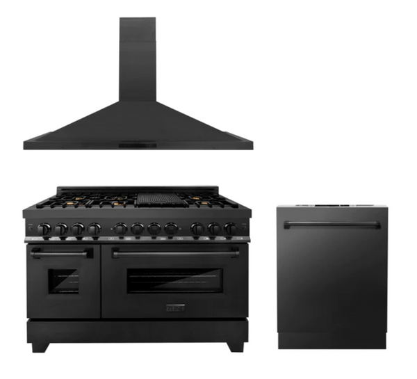 ZLINE 48 in. Kitchen Package with Black Stainless Steel Dual Fuel Range, Convertible Vent Range Hood and Dishwasher (3KP-RABRH48-DW)