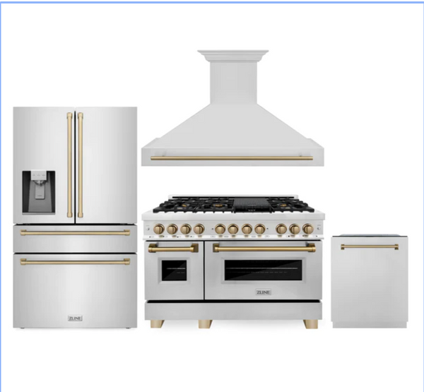 ZLINE 48" Autograph Edition Kitchen Package with Stainless Steel Dual Fuel Range, Range Hood, Dishwasher and Refrigeration with Champagne Bronze Accents (4AKPR-RARHDWM48-CB)
