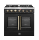 Forno Galiano 36-inch French Door Gas Range Black and Antique Brass Design, 6 Sealed Burners 83,000 BTU, 5.36 cu.ft. Convection Oven  FFSGS6444-36BLK