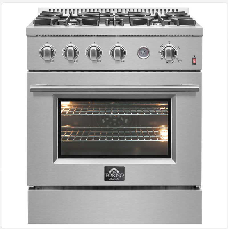 Forno Marco 30-inch Gas Range Stainless Steel, 4 Burners 37,000 BTU, 4.32 cu.ft. Convection Oven. FFSGS6277-30