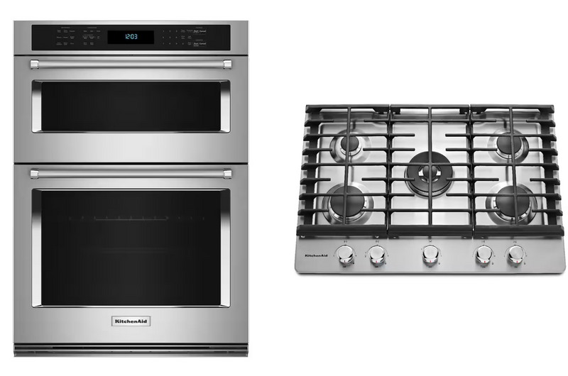 Package - KitchenAid - 30" Built-In Electric Convection Double Wall Combination with Microwave and Air Fry Mode - Stainless Steel and 30" Built-In Gas Cooktop - Stainless steel