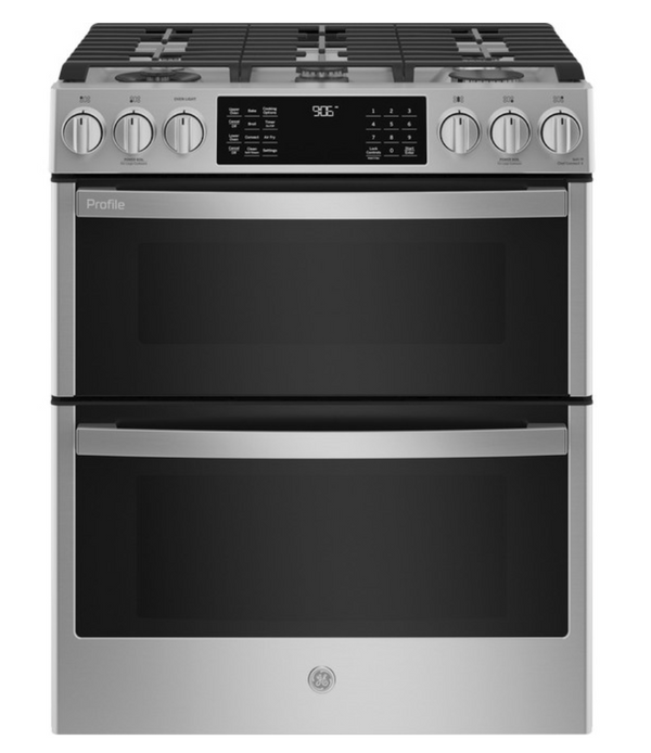 GE Profile™ 30" Smart Slide-In Front-Control Gas Double Oven Convection Fingerprint Resistant Range  Model #: PGS960YPFS