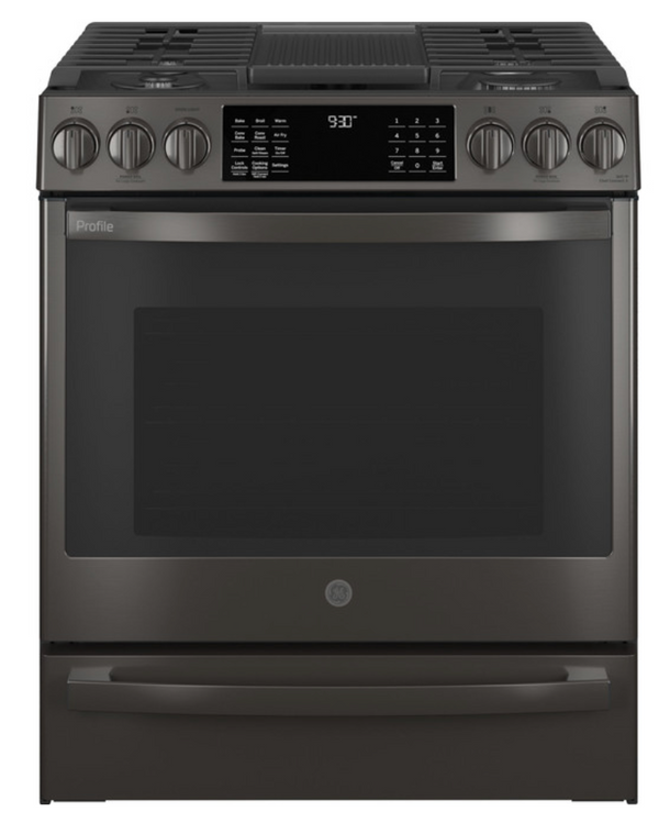 GE Profile™ 30" Smart Slide-In Front-Control Gas Range with No Preheat Air Fry  Model #: PGS930BPTS